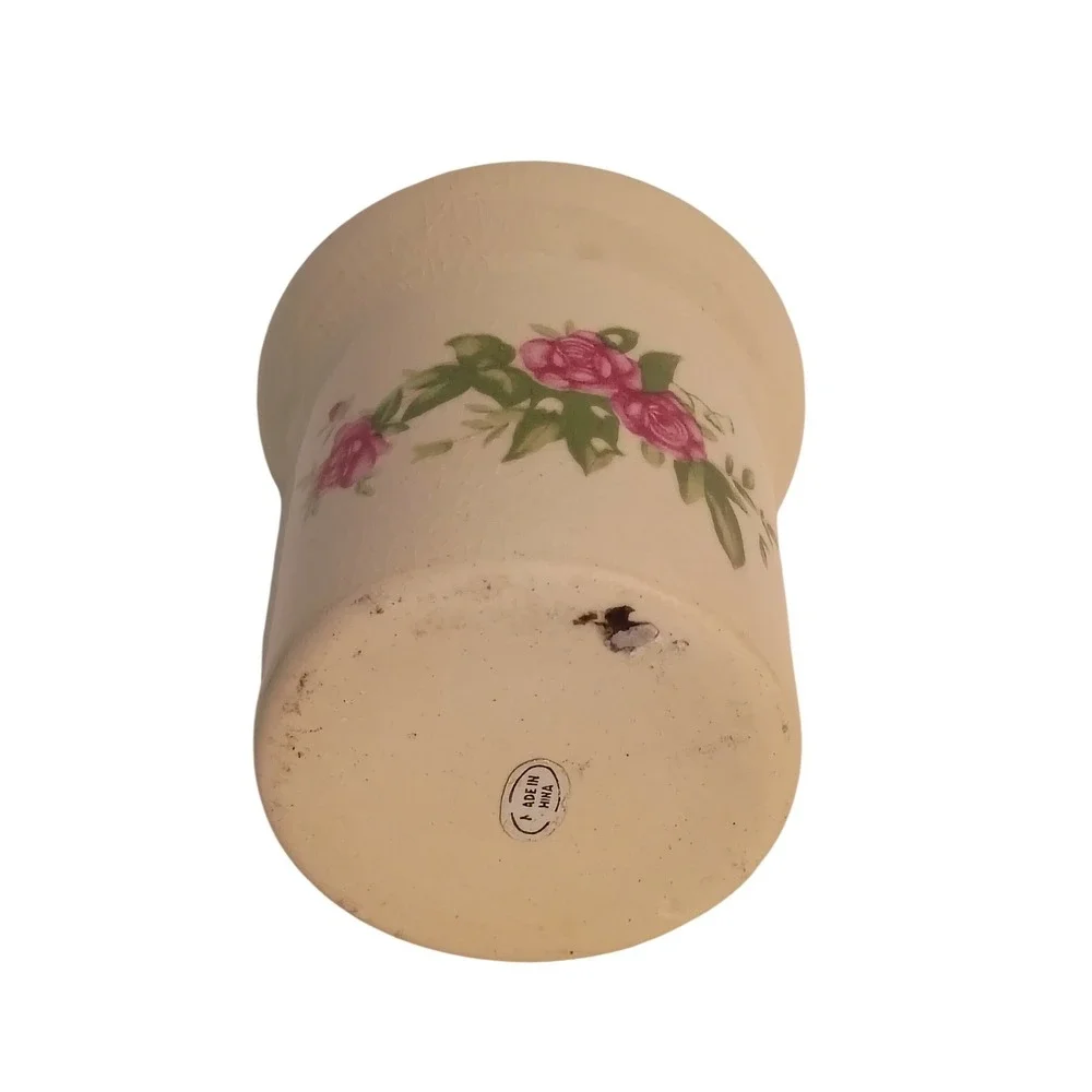 Vintage Pink Rose Floral Ceramic Crock Utensil Holder Crackle Glaze 6x6 Inch